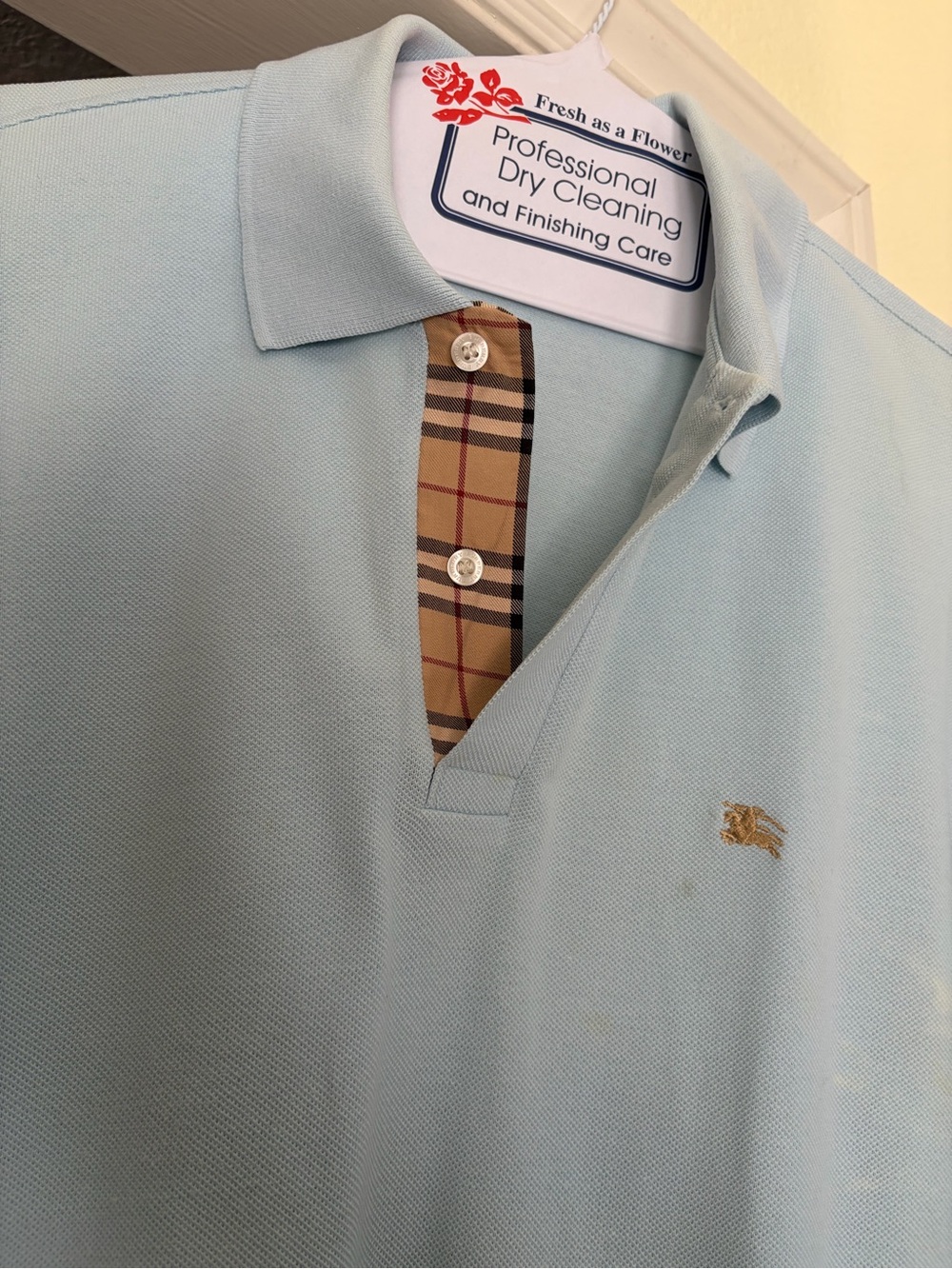 Burberry Light Blue Polo with Tan Plaid Trim